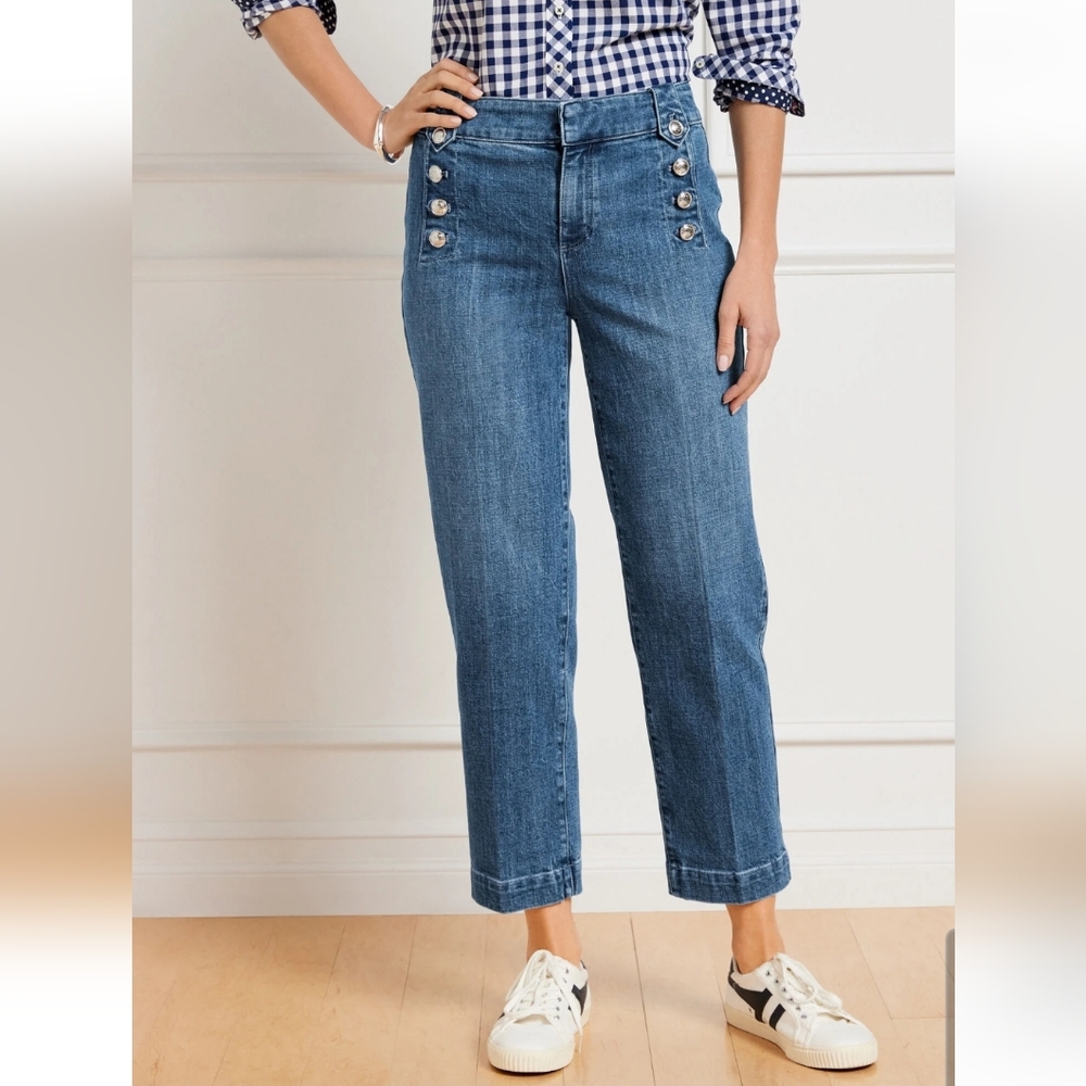 Talbots Mid-Blue Cropped Sailor Jeans with Button Trim